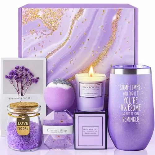 LE CADEAU lavender themed gift basket with tumbler, candle, bath salts, and soap