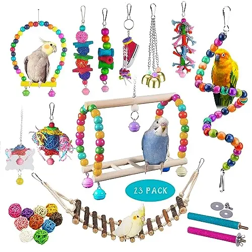 SYSMASHING 23-piece bird toy assortment with ladders, swings, bells, mirrors, and chew toys