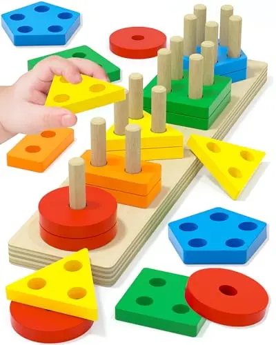 Tonberless wooden shape sorting and stacking puzzle with colorful geometric pieces