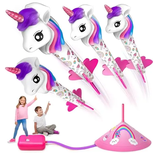 Colorful unicorn-shaped rockets and a stomp launch pad