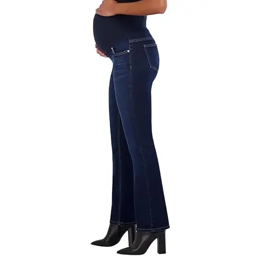 Savvy Parker Women's Maternity Bootcut Jeans in a classic wash, showing the over-the-belly panel and flattering leg shape.