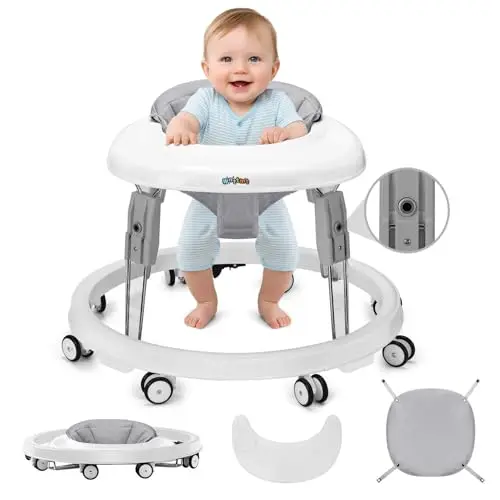 Wnttmt baby walker in grey, shown with its removable dinner plate and folded position.