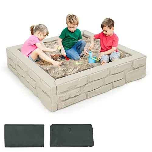 Costzon white HDPE plastic sandbox with a brick-like texture and a separate oxford cover.