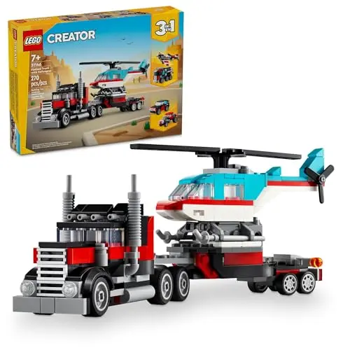 LEGO Creator 3 in 1 set showing a flatbed truck, helicopter, and plane models