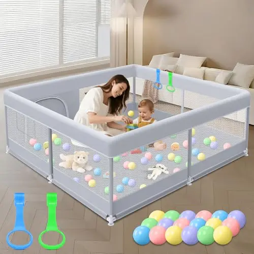 XVISHX large square baby playpen with included toys, suitable for indoor or outdoor use