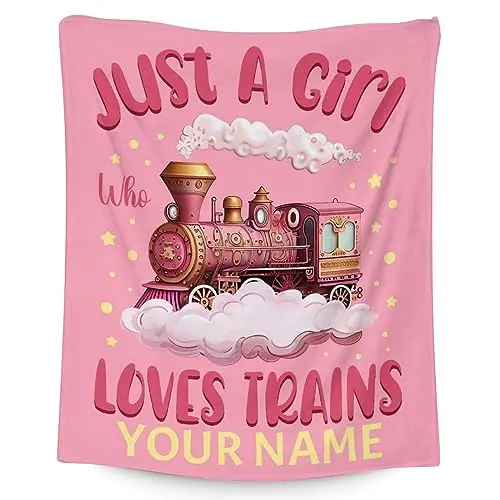 UNIKITTY Custom Train Blanket with name personalization in pink