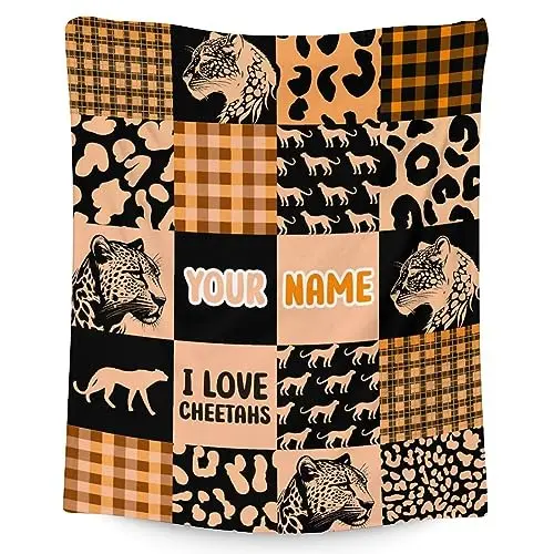 UNIKITTY Custom Cheetah print blanket with name personalization in brown