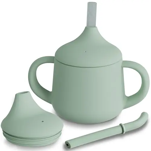 Moonkie Sage Green 3-in-1 silicone training cup with straw and spout