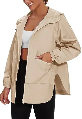 PESION women's khaki-colored lightweight rain jacket with a drawstring hood.
