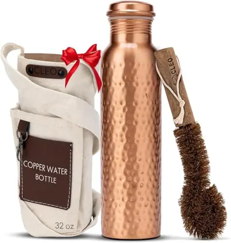 CLEO HOME 32oz copper water bottle with canvas carry bag and cleaning brush
