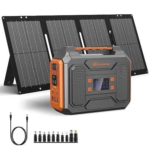 ZeroKor 300W portable power station with orange trim and foldable solar panel