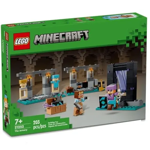 LEGO Minecraft The Armory set showing Alex and Armorsmith minifigures with a Nether portal