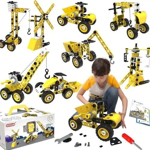 choopheme building block kit assembled into various construction vehicles like a bulldozer and crane