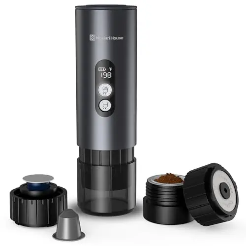 Maestri House 150W portable espresso machine in gray, compact and handheld design.