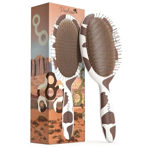 FRAMAR cow print pattern detangling hairbrush with flexible plastic bristles