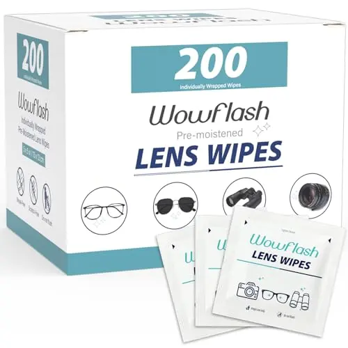 Individually wrapped Wowflash lens cleaning wipes in a package