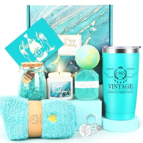 IAOVUEBY 60th birthday gift basket with tumbler, socks, candle, and bath products