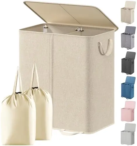 Lifewit beige double laundry hamper with a lid and two sections.