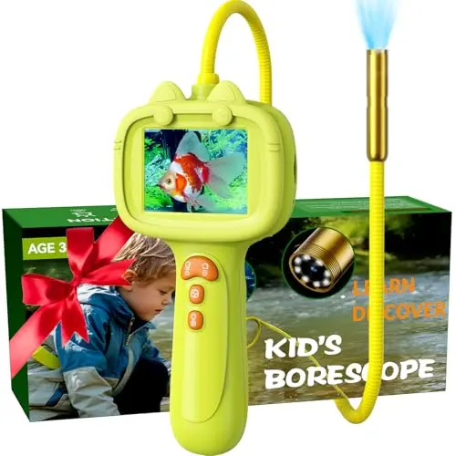 Yellow kids borescope camera with flexible tube exploring a hole in a tree