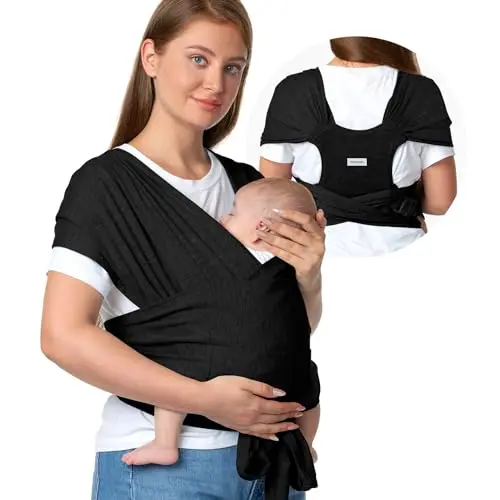 Momcozy baby wrap carrier with t-shirt style design in black