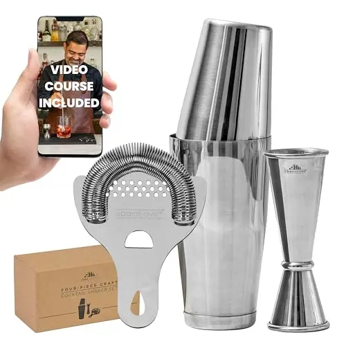 A Bar Above 4-piece stainless steel cocktail shaker set with included 4-hour video course