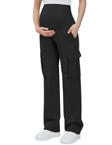 GLAMIX black maternity cargo pants with a full belly panel