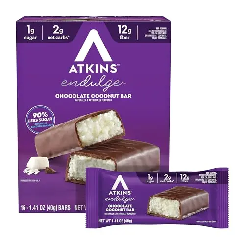 Atkins Endulge Chocolate Coconut bar, unwrapped to show creamy coconut filling and chocolate coating.