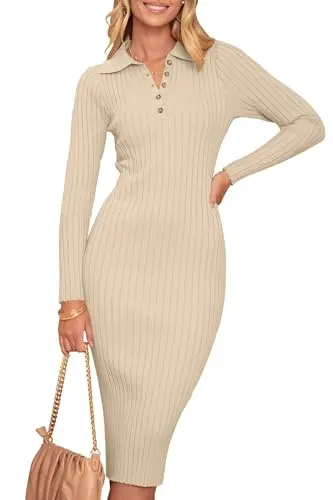 MEROKEETY women's v-neck ribbed sweater dress in apricot