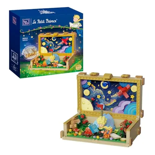 Pantasy The Little Prince Suitcase building block set showing a vintage suitcase with planet and character scenes inside