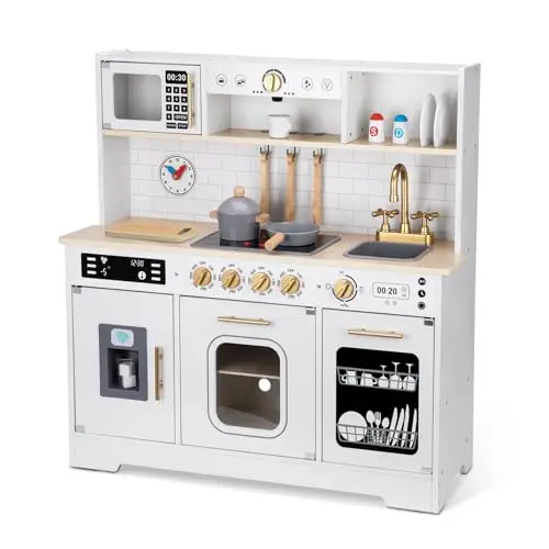 OOOK kids wooden play kitchen set with sink, stove, coffee maker, and ice maker