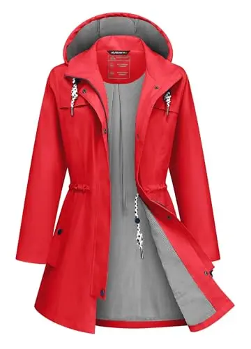 ATLASLAVA women's long red trench coat style rain jacket with hood