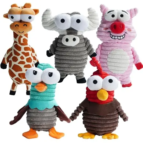 Nocciola 5-pack of assorted plush animal dog toys including a chicken, pig, and giraffe
