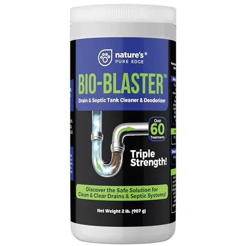 Bio-Blaster enzyme drain cleaner powder in a large plastic jar