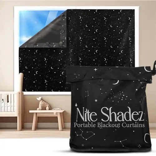 Nite Shadez portable blackout curtain with star pattern for a nursery