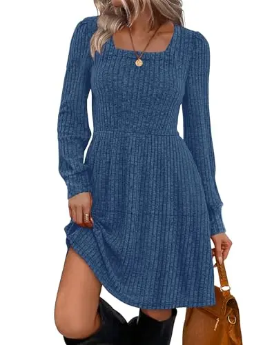 Sampeel women's square neck babydoll tunic dress with lantern sleeves