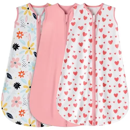 BSTOPPT 3-pack baby sleep sacks in heart, pink, and floral patterns