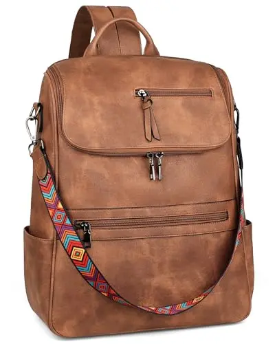 FADEON Brown Vegan Leather Laptop Backpack with a clamshell design
