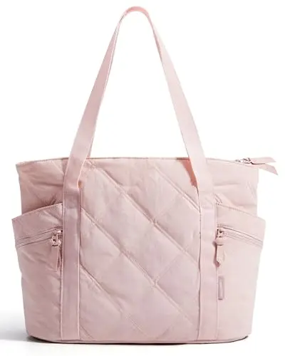 BAGSMART pink quilted puffer tote bag with zipper top closure