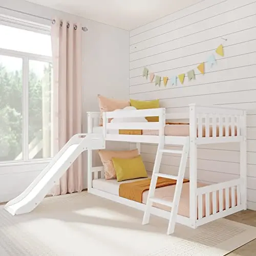 Max & Lily low twin over twin bunk bed with a slide attached, in white finish.