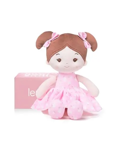 LeyaDoll 12-inch FloraBelle pink soft baby rag doll with pigtails