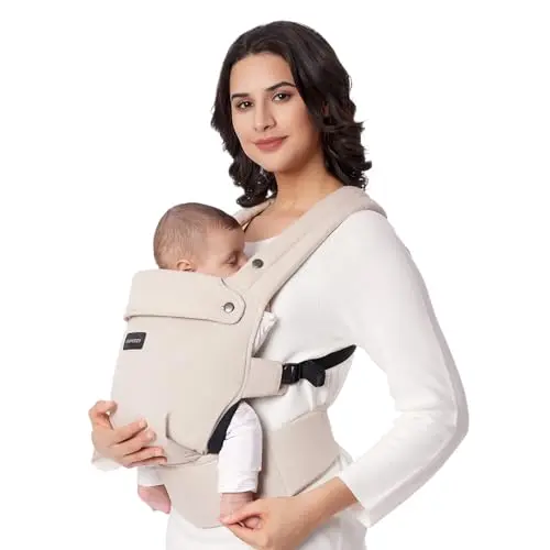 Momcozy Baby Carrier in Khaki, showing the X-shaped back design
