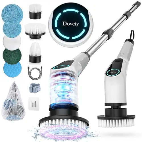 Dovety cordless electric spin scrubber with long extendable handle and multiple brush heads
