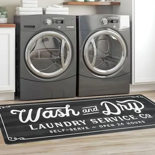 Dark grey laundry room runner rug with 'Wash & Dry' text