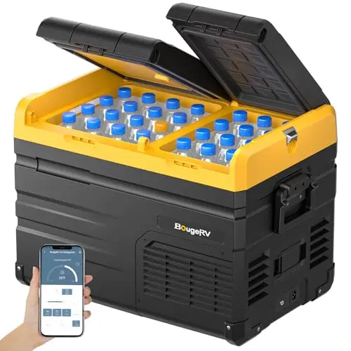 BougeRV ED35 35-liter dual-zone portable refrigerator with upgraded compressor in yellow