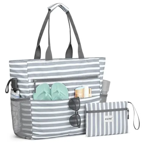 G4Free Waterproof Beach Tote Bag with Grey Stripe design and multiple pockets