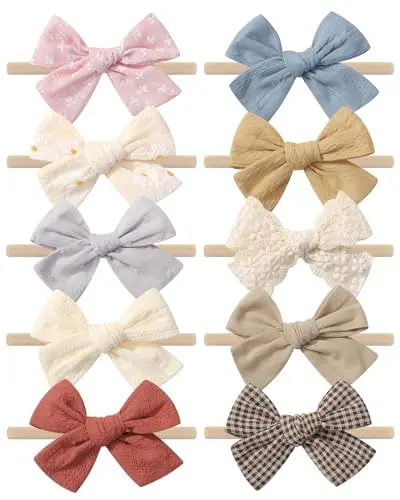 doboi baby headbands with linen fabric bows in 10 different prints and patterns.