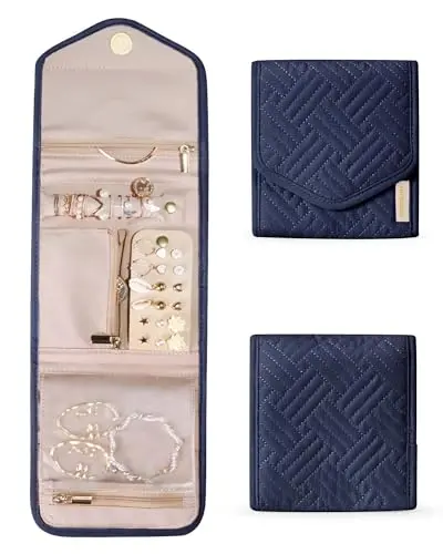 BAGSMART Travel Jewelry Organizer Case in Smokey Blue, showing its foldable design and compartments.