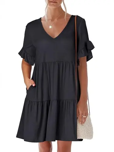 ANRABESS women's navy blue v-neck ruffle sleeve mini dress with pockets