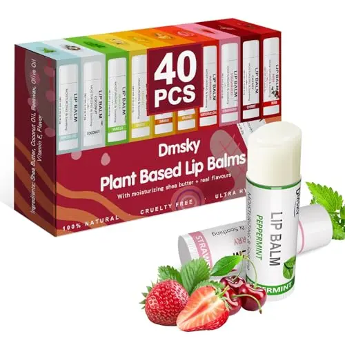 Dmsky 40 pack of assorted fruit flavored lip balms in a colorful display box.