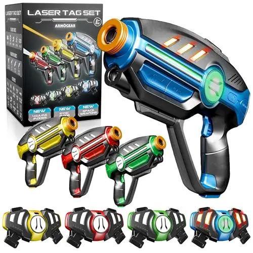 ArmoGear laser tag set with four blasters, vests, scopes, and stocks.